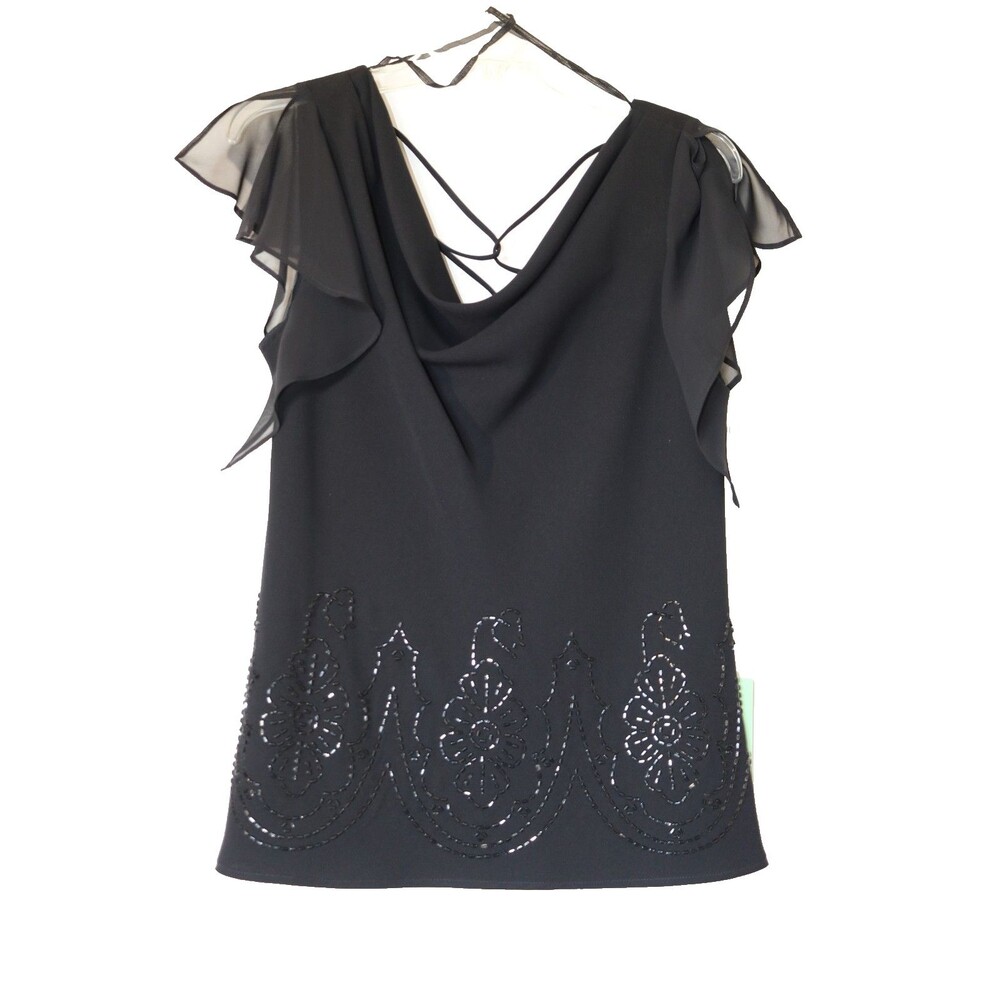 SL‎ Fashions Vtg 14 Black Beaded Chiffon Flutter Sleeve Lace Up Fairy Whimsigoth